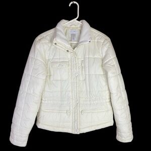 Liz Claiborne Villager White Puffer Jacket Collared Zip Pockets Buttons Sz Med